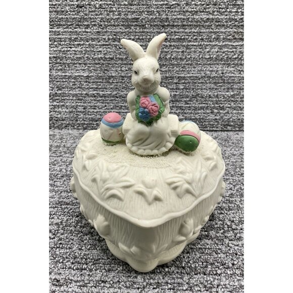 Heart Shaped Bisque Candy Dish Trinket Box Easter Bunny Colored Eggs w Lid 7" T - Picture 2 of 8